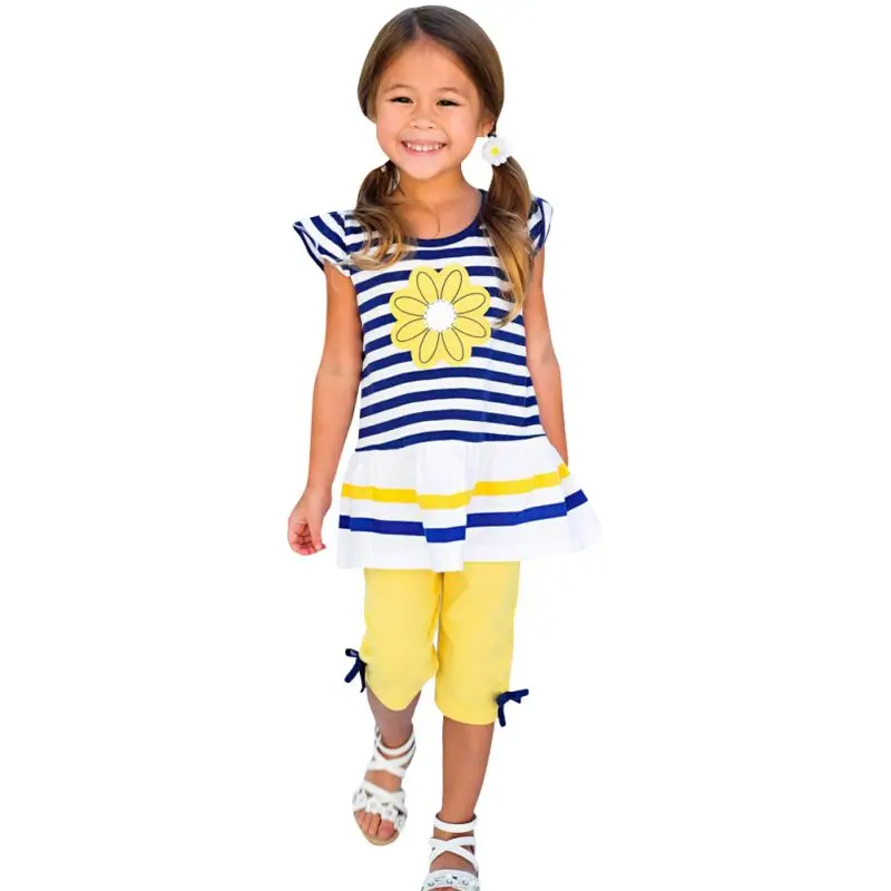

2 Pcs Girls Summer Clothes Sets Princess Daisy T-shirt+Pants Children Cotton Suits