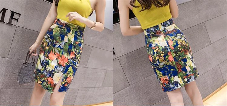 Vintage Bandage Skirts Womens New Fashion High Street Style Female Short Pencil Skirts Print Elegant Girl's Skirts