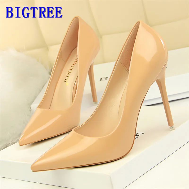 

BIGTREE Patent Leather Fashion Women Pumps High Heels Shallow Ladies Office Shoes Pointed Toe Concise Women's Red Wedding Shoes