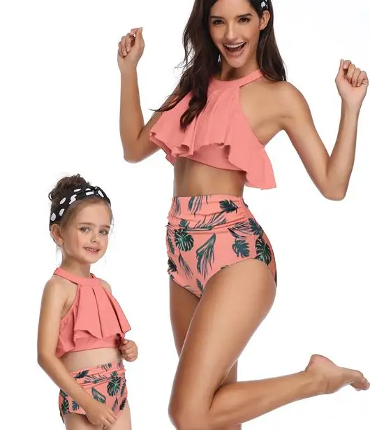 Розовый купальник для мамы и дочки; семейный образ; купальные костюмы «Мама и я»; одинаковые платья для мамы и дочки; бикини с высокой талией - Цвет: J