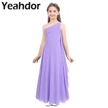 Детское Плиссированное шифоновое платье принцессы на одно плечо, стразы, торжественное платье для дня рождения, платье с цветочным узором для девочек, платье для торжеств, свадебной вечеринки