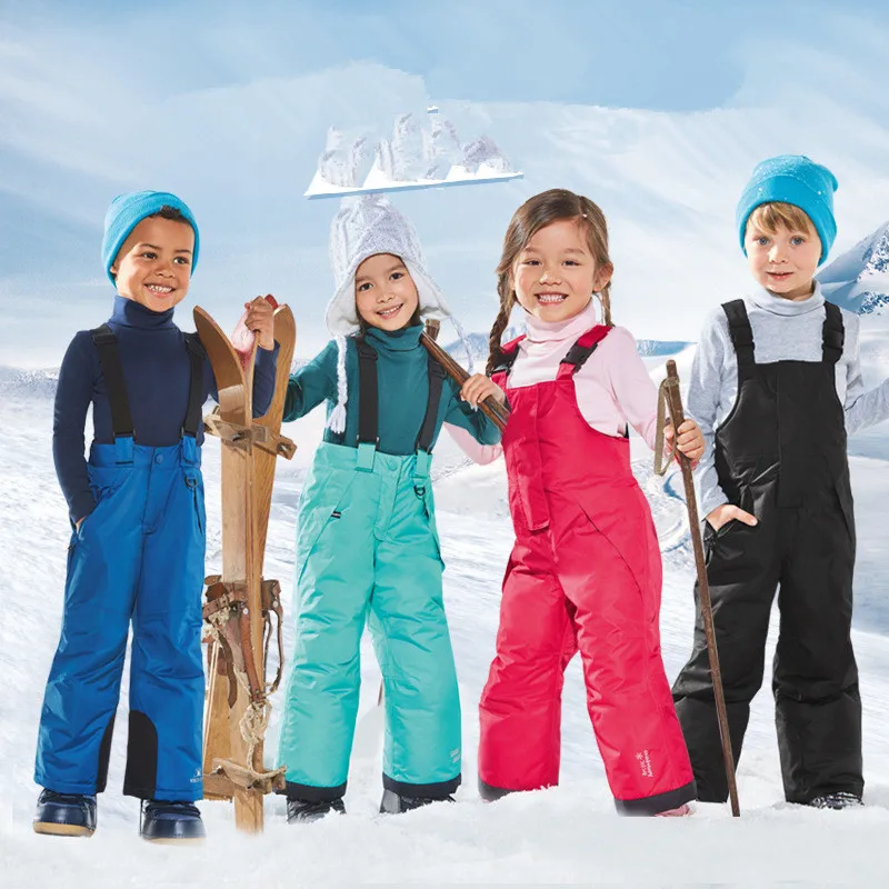 Новинка на открытом воздухе, размеры 2 T, 3T, 4 T, для мальчиков и девочек лыжные штаны для детей на подтяжках для девочек, хлопковые штаны, Водонепроницаемый ветрозащитные утепленные брюки