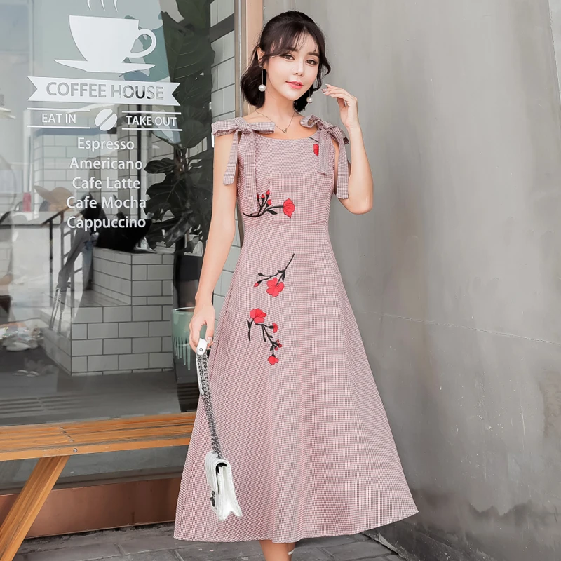 

2019 summer Korean style floral embroidery maternity clothes lace up strap back zipper fly pregnant women cotton dress