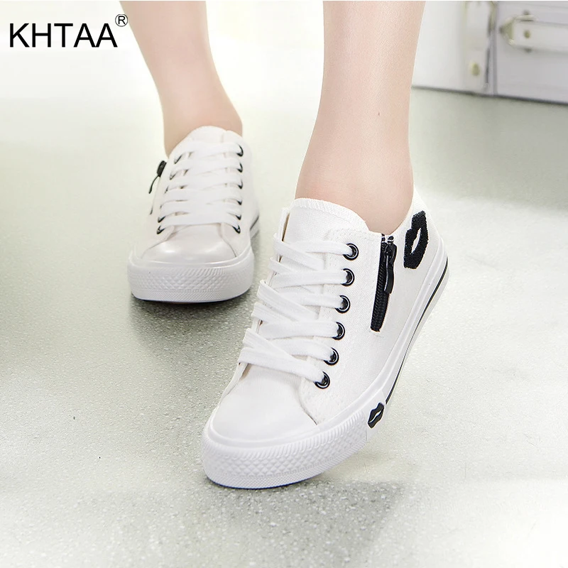 

KHTAA Women Casual Canvas Flat Shoes Sneakers Spring Female Lace Up Zipper Red lips Vulcanized Shoes Comfortable Flats Footwear
