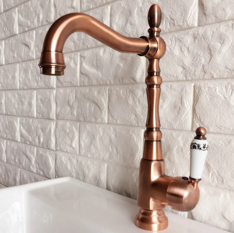 Antique Red Copper Brass Bathroom Kitchen Basin Sink Faucet Mixer Tap Swivel Spout Single Handle One Hole Deck Mounted mnf418