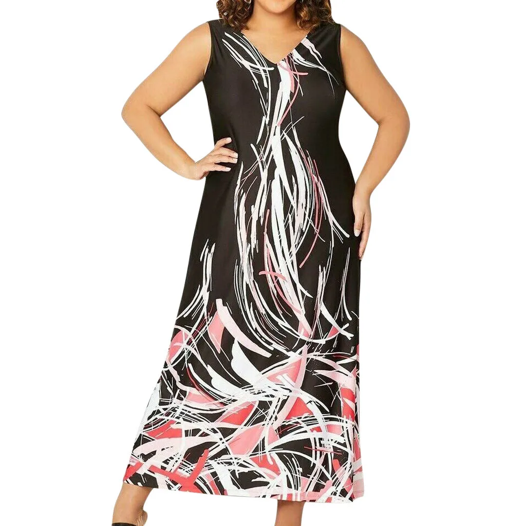 

SAGACE 2019 Women's Large Size Summer V-neck Floral Print Bohemian Sleeveless Long Dress Casual Comfortable Fashion Dress