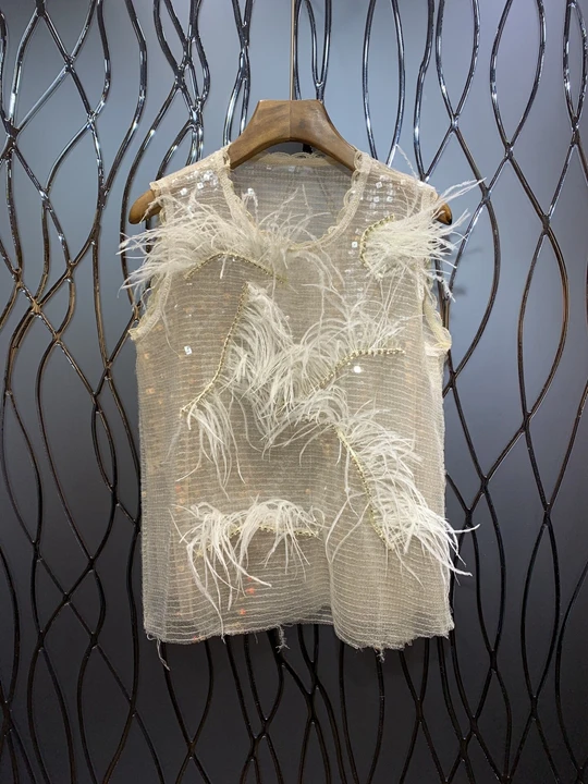 

2019 summer new women's personality sleeveless ostrich feather beads vest top
