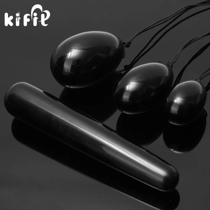 KIFIT 1Set Natural Black Obsidian Yoni Egg With 110mm Massage Stick Massage Ball For Exercise Muscle
