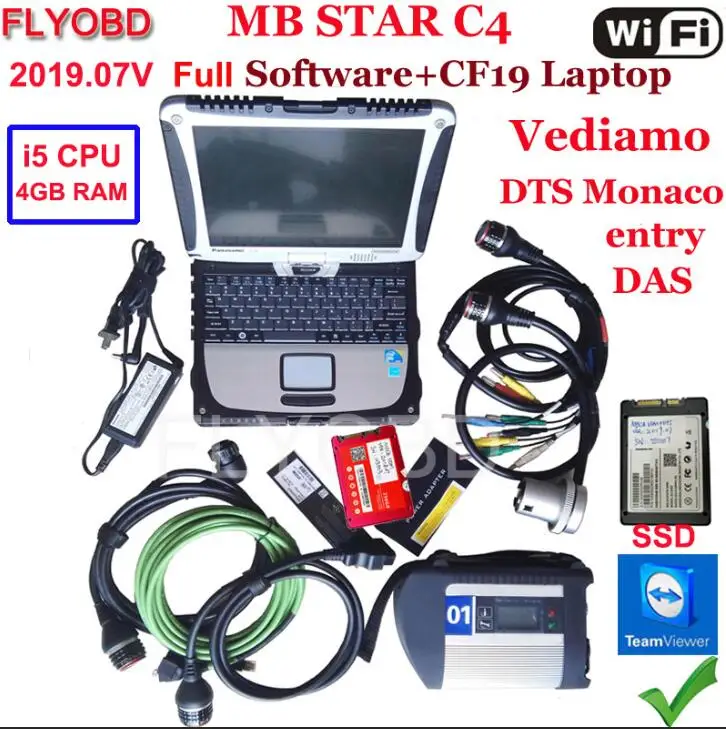 A+++ Качество MB Star C4 SD Подключение с программным обеспечением,09 V SSD ноутбук CF19 PC работа для диагностики ЗВЕЗДЫ c4 диагностический инструмент полный комплект - Цвет: C4 with SSD CF19 i5