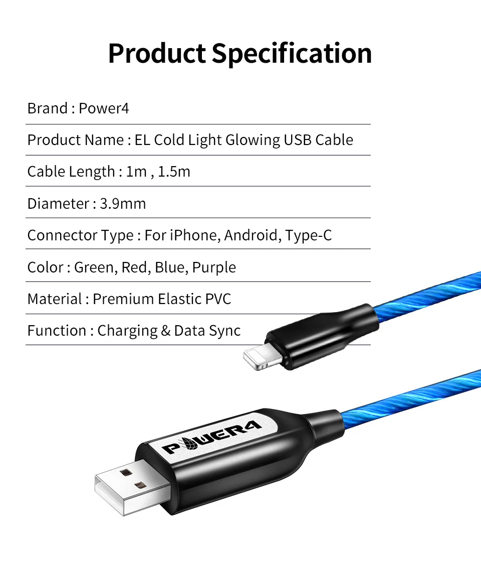 Power4 Led Micro USB кабель зарядное устройство для iPhone зарядный кабель usb type C кабель для быстрой зарядки для samsung