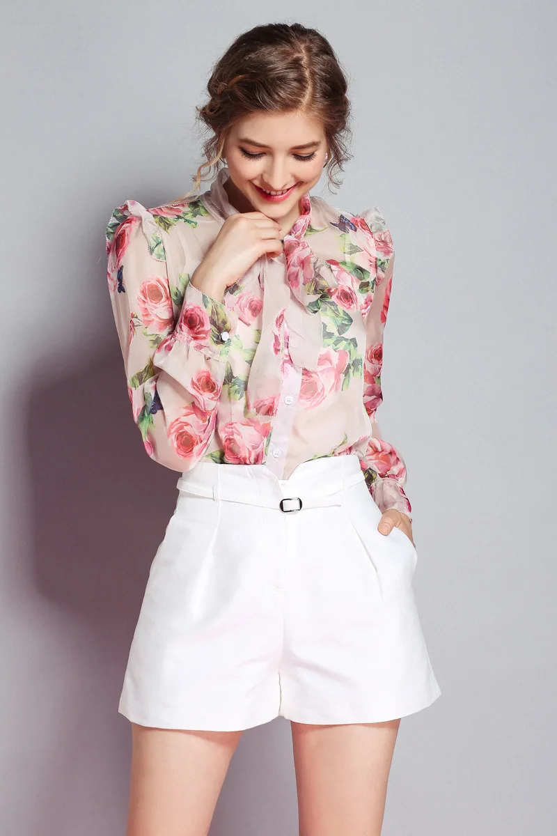 Женское миланское Новое поступление, весенние женские Элегантные Дизайнерские рубашки с длинным рукавом и цветочным принтом, шелк