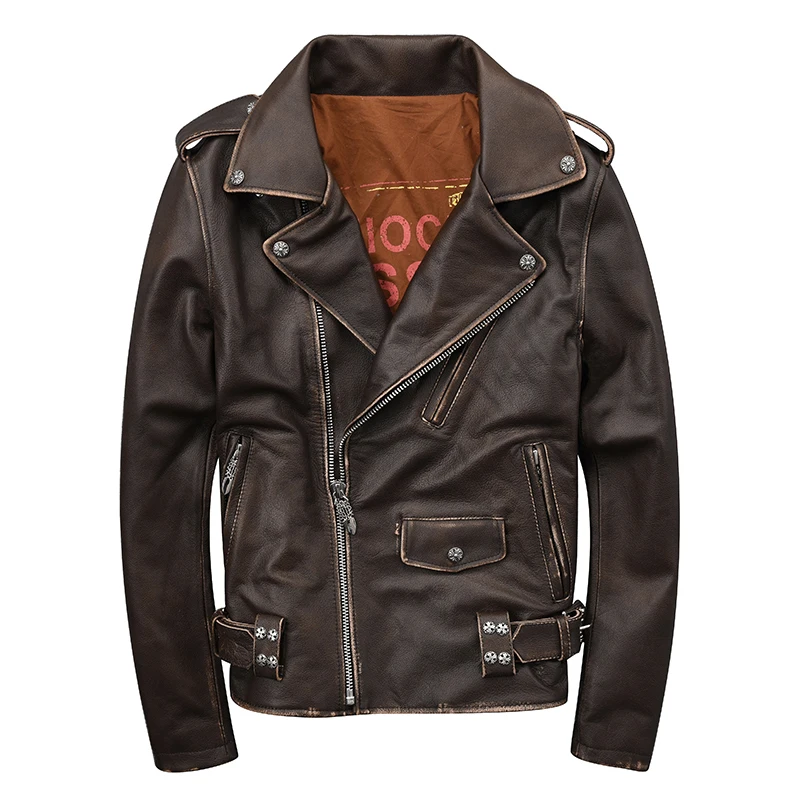 

2019 Retro Vintage Brown Short Genuine Biker's Leather Jacket Plus Size 5XL Cowhide Slim Motorcycle Leather Coat FREE SHIPPING