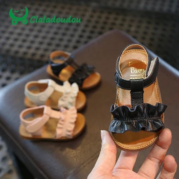 

0-3 Years Old Brand Girls Sandals Beach Shoes Genuine Leather Pink Ruffles Flower Children's Leather Sandals Soft Toddler Shoes