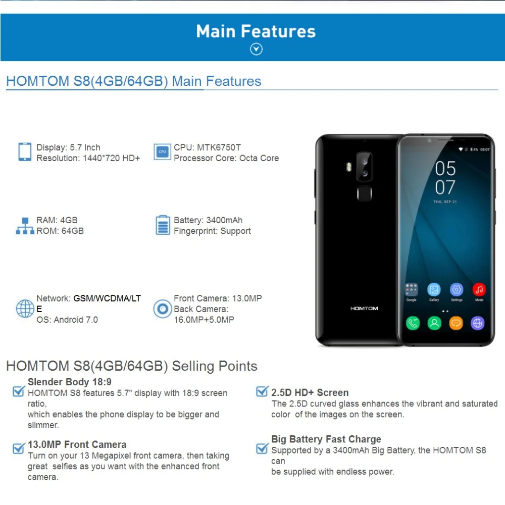 Новый оригинальный HOMTOM S8 OTG Android7.0 4G + 6 mtk6750t восемь ядер 1 5 ГГц отпечатков пальцев LTE