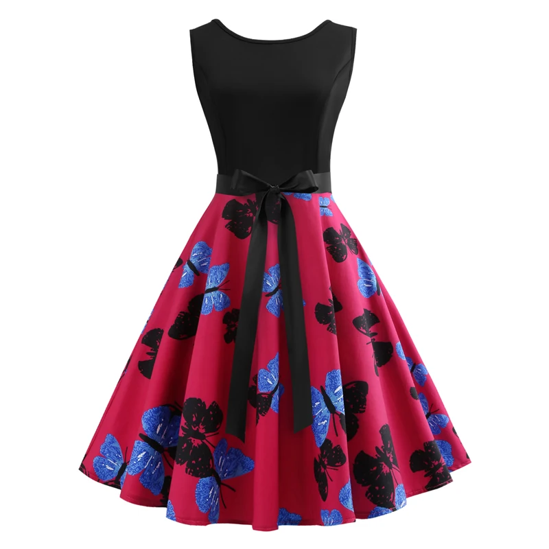 

Toppick Summer Dress Women Butterfly Print Hepburn Retro Vintage Dress Flower Dress Sleeveless Sexy Party Dress Vestidos Jurken