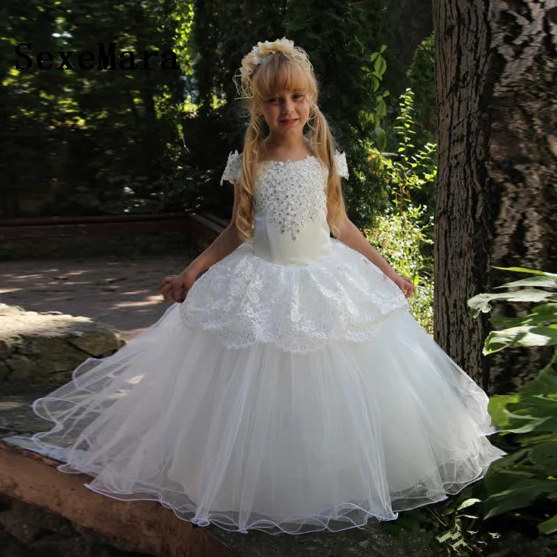 Witte Gezwollen Tule Meisjes Jurk Kant Kralen Meisjes Pageant Birthday Party Gown Communie Dress Custom Made Maat 2 4 6 10 14Y Witte Gezwollen Tule Meisjes Jurk Kant Kralen Meisjes Pageant Birthday Party Gown Communie Dress Custom Made Maat 2 4 6 10 14Y