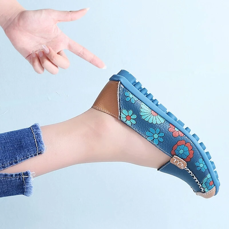 Women Flat Shoes Fashion Ballet Summer Flower Print Women Shoes Genuine Leather Loafers Ladies Shoes Woman Soft Footwear 42