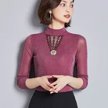 Весна размера плюс длинный рукав выдалбливают шею сетки футболки женские бисерные работы кружева футболки Леди размера плюс 4XL сетки топы