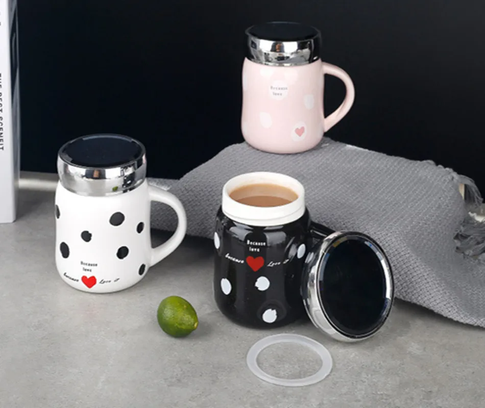 

Free shipping Berjaya 380ML Black and White Spotted Cup Ceramic Mug with Lid Bright Glaze Sealed Hand Cup Creative Cups and Mugs