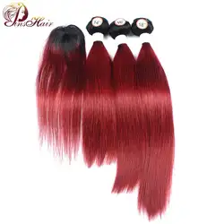 Ombre Связки с закрытием 1B Бордовый Красный Бразильский прямые волосы 3 Связки с закрытием 99J Pinshair человека не Реми толстые волос