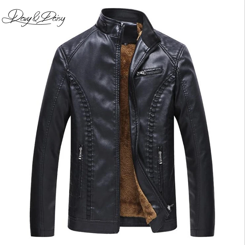 

DAVYDAISY 2019 New Arrival Men Leather Jacket Winter Fleece Motorcycle Solid Stand Collar Thick PU Leather Jacket 6XL DCT-214