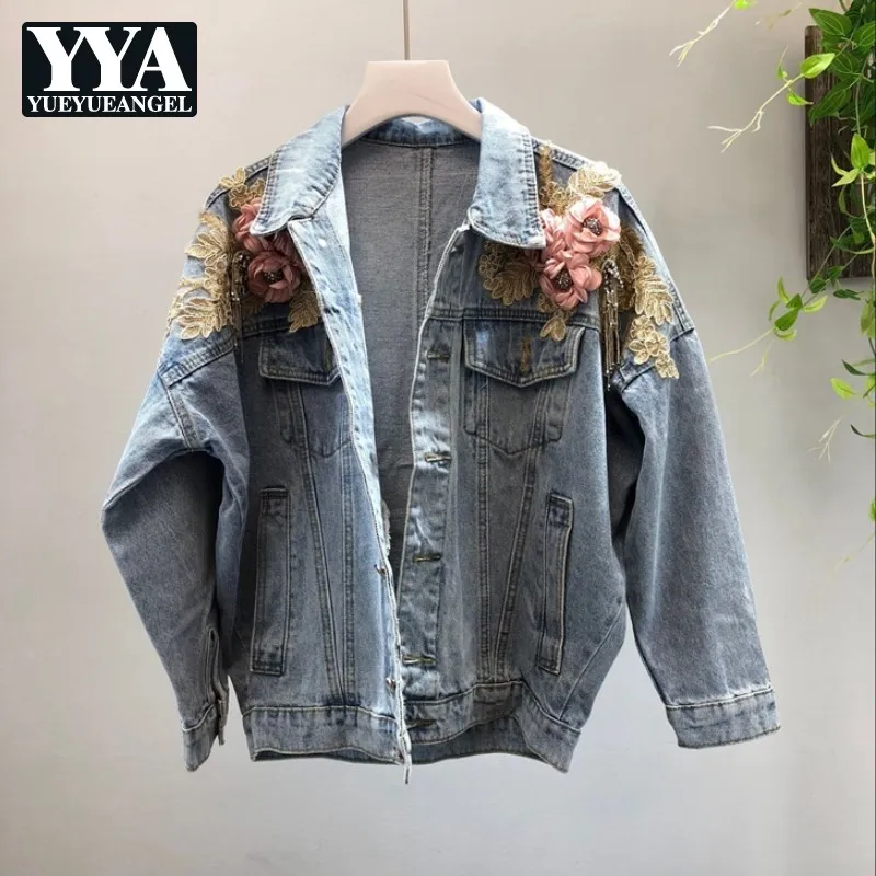 Аппликации цветы бисером цепи женские джинсовые куртки Harajuku рукав «летучая мышь» однобортный отложной джинсовая куртка с воротником Женская куртка
