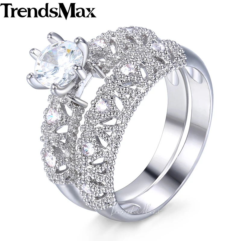 Trendsmax Fine Carving Craft Wedding Filigree Ring Set For Women White Gold Filled Round Clear Cubic Zirconia KGR45
