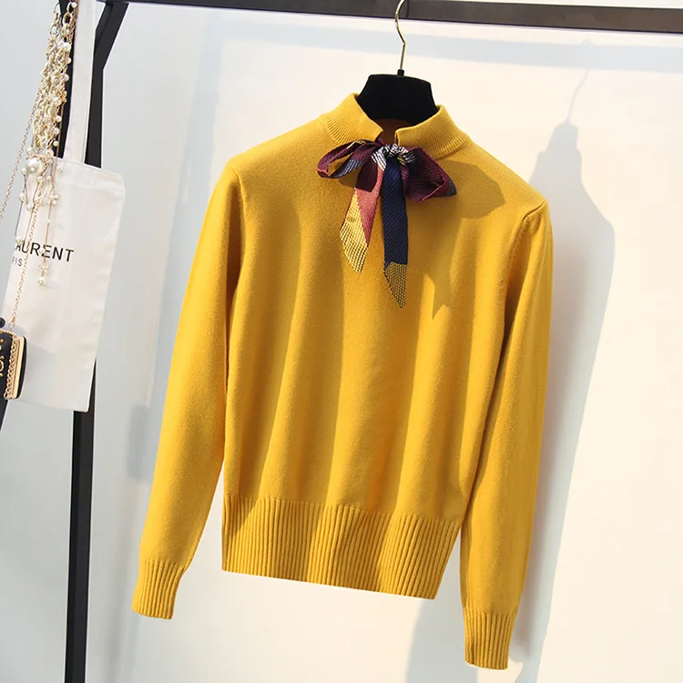 Preppy Knotted Decoration Bowtie Women Pullover Sweater Autumn Winter Long Sleeve School Girl Sweaters Top Knitted Pull D309