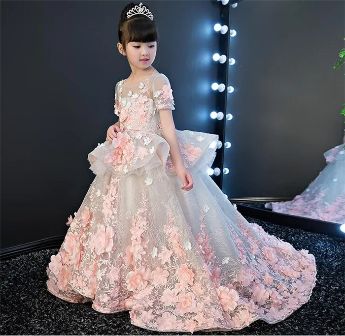 

Luxurious Pink 3D Flowers Girls Dresses Tulle Sheer Neck Princess Birthday Party Pageant Gowns with Train Custom Made