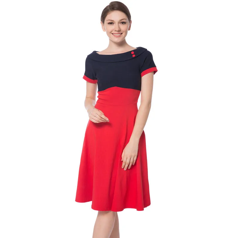 LSYCDS Lady 50 s 60 s винтажное платье с вырезом лодочкой пэчворк большие качели рокабилли пинап бальное платье вечернее платье халат Женское летнее платье - Цвет: Red