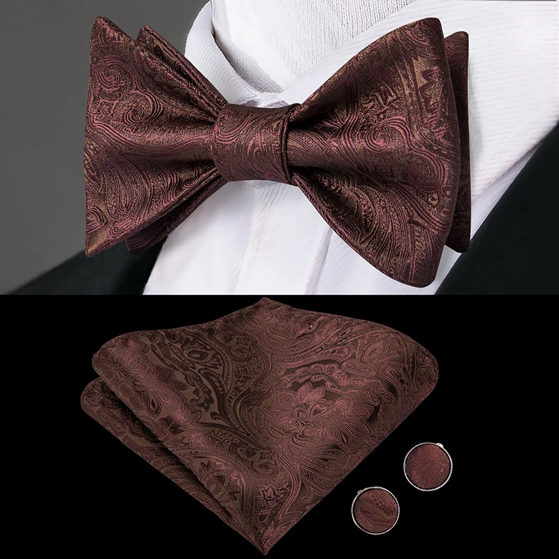 

LH-2036 Hi-Tie Classic Silk Butterfly Self Bow Ties for men Paisley Brown BowTie Handkerchief Hanky Cufflinks Suit Set