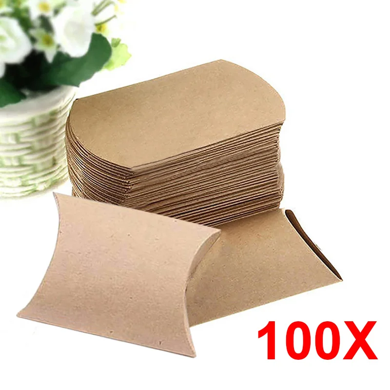 

100pcs Cute Kraft Paper Pillow Favor Gift Box Wedding Party Favour Gift Candy Boxes Paper Gift Box Bags Supply
