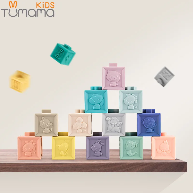 Tumama 12pcs Baby Grasp Toy Silicone Building Blocks 3D Touch Hand Soft Balls Baby Bath Ball Toys Massage Teethers Squeeze Toy 