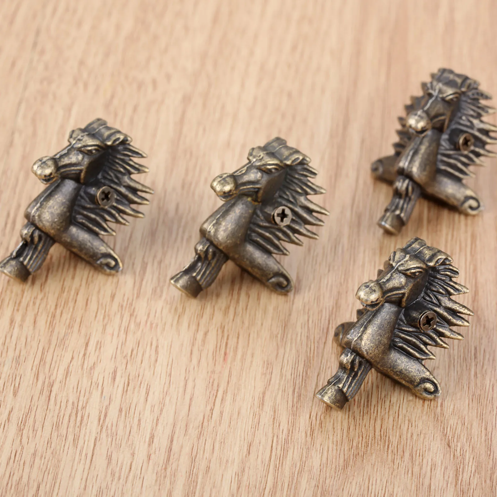 4Pcs Antique Bronze Horse Head Jewelry Gift Box Wood Case Decorative Feet Leg Corner Protector 39*24mm