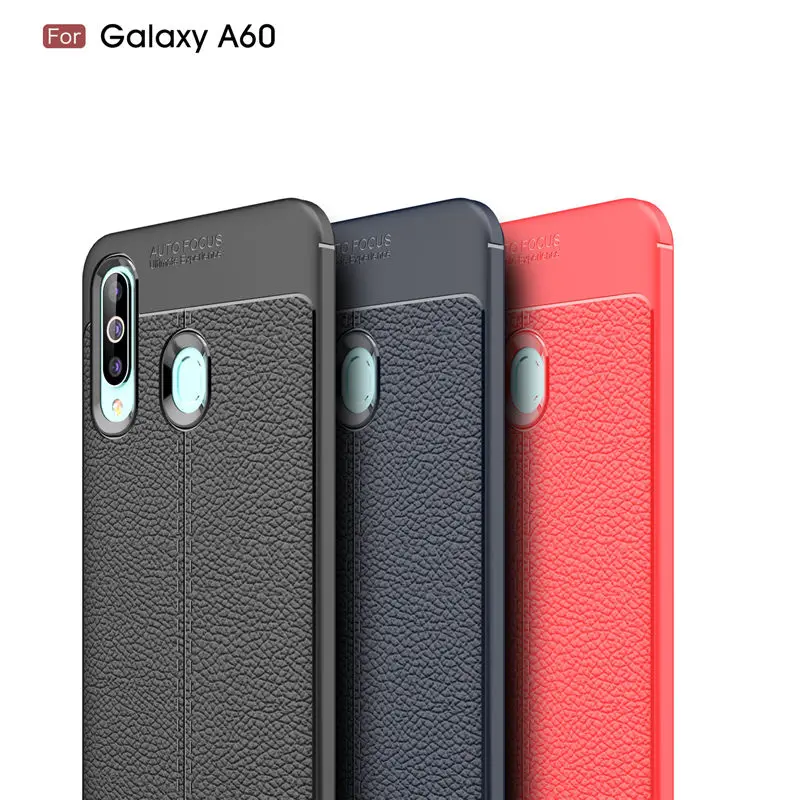 50 шт./лот защитный чехол для samsung Galaxy A60 из искусственной кожи личи зерна Мягкий ТПУ задняя крышка