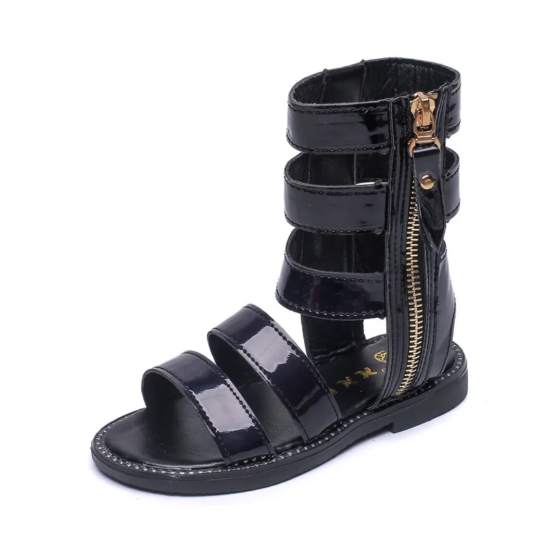 

New Summer Vintage Side Zipper Hollow Flat Bottom Roman kids Sandals High To Help Fish Mouth Flat with Girls Children Sandals