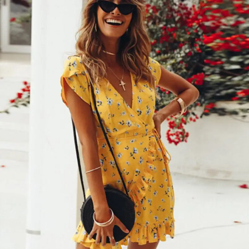 

2019 Womens Printing Wrap Dresses Short Sleeve Ladies Deep V-neck Ruffles Mini Dress