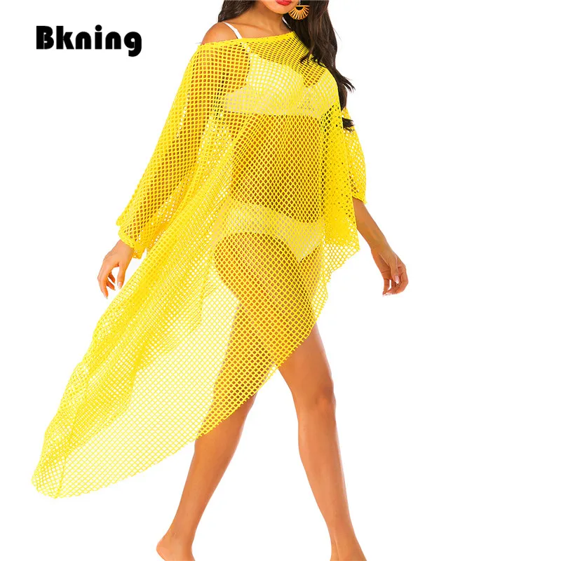 

Irregular Tunic Beach Dress Cover-ups for Women Yellow Coverup 2019 Summer Swim Cover Up Long Sleeve Dresses Polyester Swim Wear