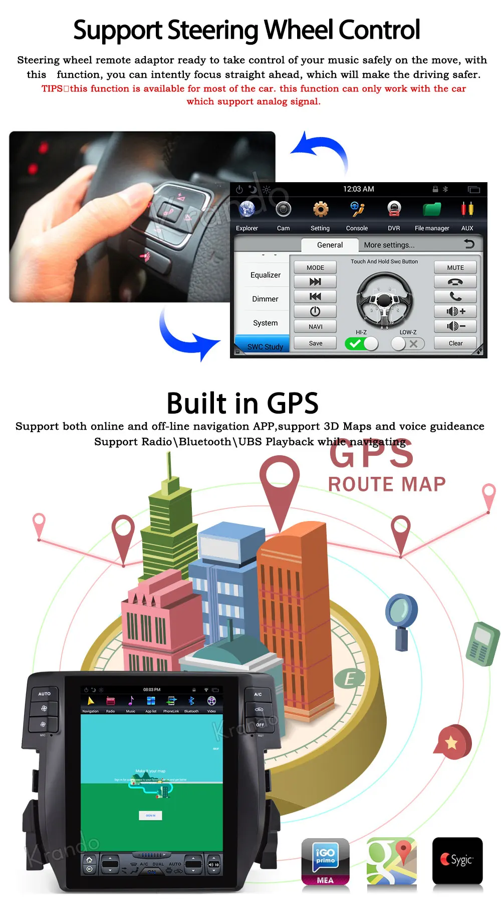 Cheap Krando Android 8.1 10.4" Tesla style Vertical screen car radio GPS navigation dvd for Honda Civic 2016-2018 multimedia system 6