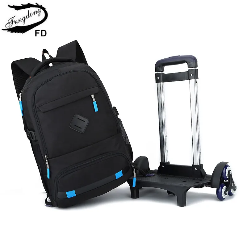 

FengDong boys stair climbing trolley school backpack with wheel detachable rolling school bags for kids large luggage back pack