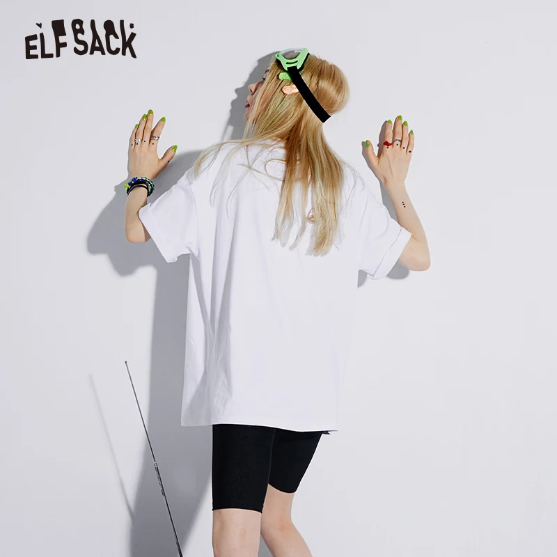 Женские летние футболки ELF SACK, белые хлопковые свободные футболки с круглым вырезом, с мультяшным принтом, летние повседневные базовые футболки