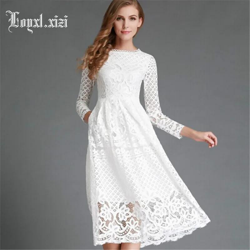 

2018 Spring fashion women dress casual new European long dresses sleeve loose hollow out elegant lace sexy dress,WH0044