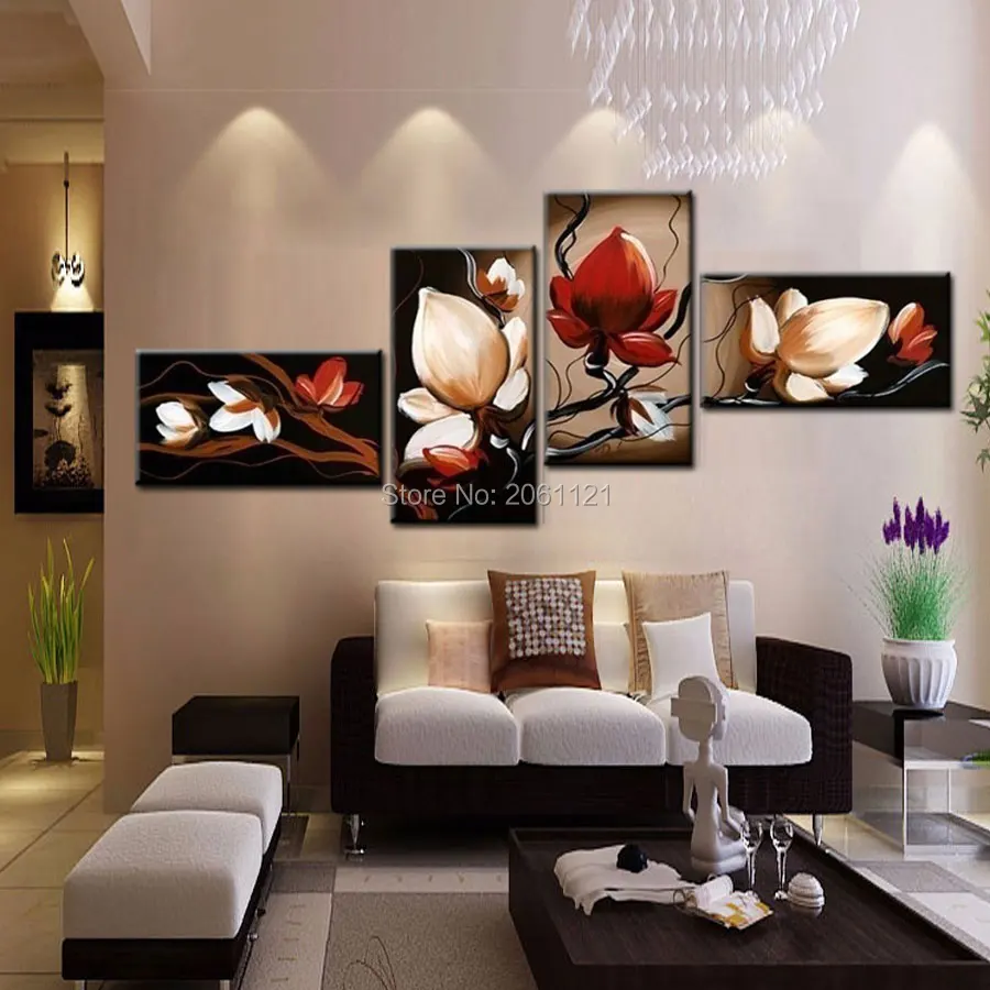 Best sale dark red flower art canvas painting oil cheap wall art decor room pictures modern abstract 4 piece sets in painting calligraphy from home