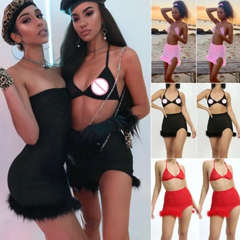 

2PCS/SET Women Sexy See-through Bodycon Halter Backless Crop Top and High Waist Split Feather Skirt Set Lace Up Party Wear