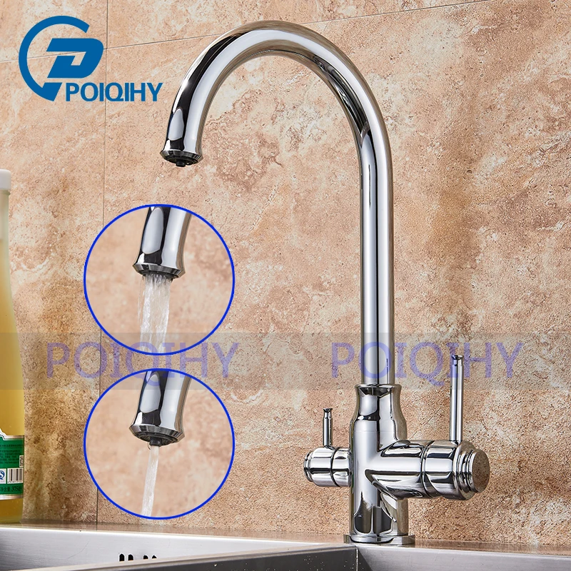 

POIQIHY Polished Chrome kitchen sink mixer faucet Deck Mounted Dual Water Model kitchen tap swivel spout faucet
