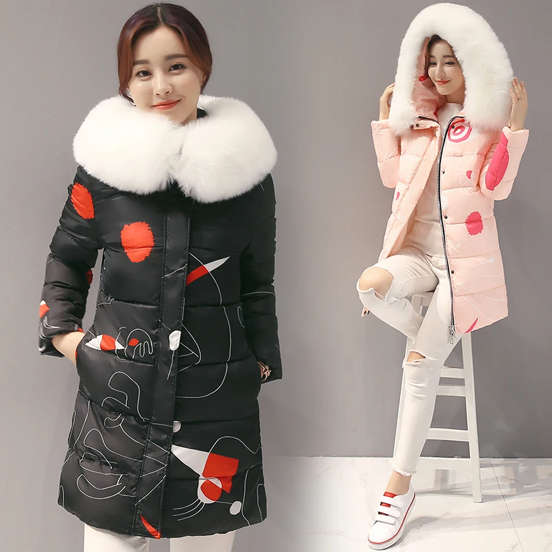 

Women's Cute White Large fur Hooded Coat Geometric Pattern Print Parkas Outwear Long Winter Jacket Warm Overcoat 2016