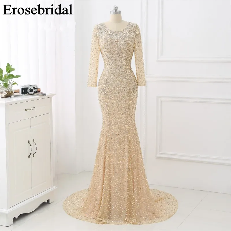 

Luxury Evening Dress 2019 Blue/Champagne Formal Dresses Evening Gown Robe Soiree Long Sleeve Sexy Open Back