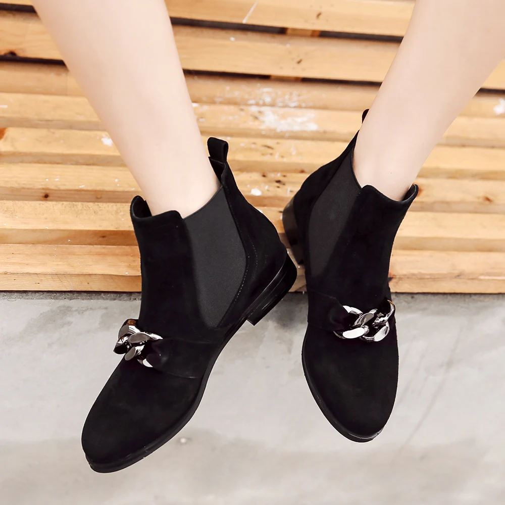 Donna-in Chelsea Booties Women Genuine Leather Ankle Boots Metal Chains Natural Suede Low Heels Boots Fashion Spring Ladies Shoe Women's Shoes