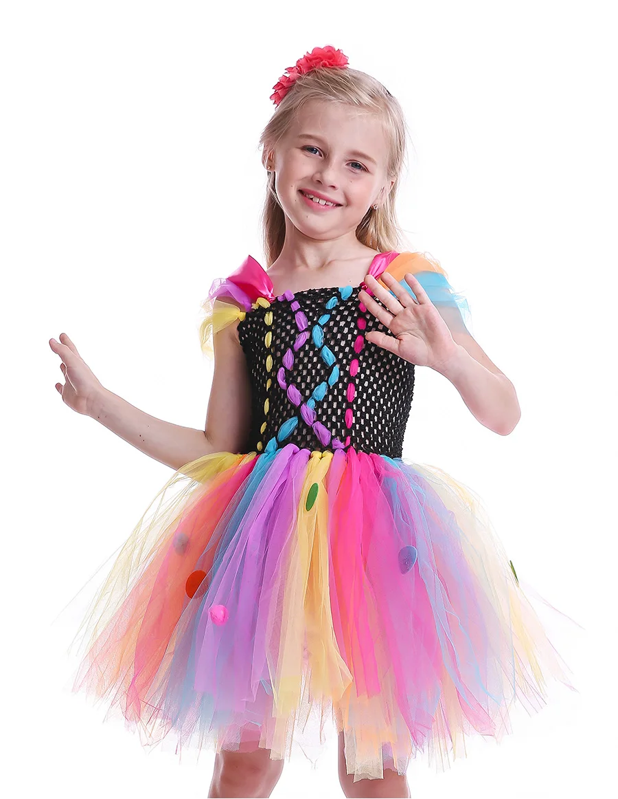 Funky Coloured Clown Style Girls Tutu Dress Circle Embellished Children Tulle Dress for Halloween Parties Role Play Fancy Dress (8)