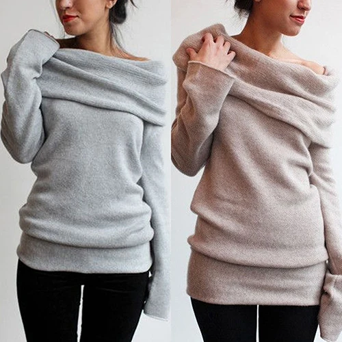 

Sexy Women Off Shoulder Roll Neck Long Sleeve Knitted Jumper Sweater Pullover